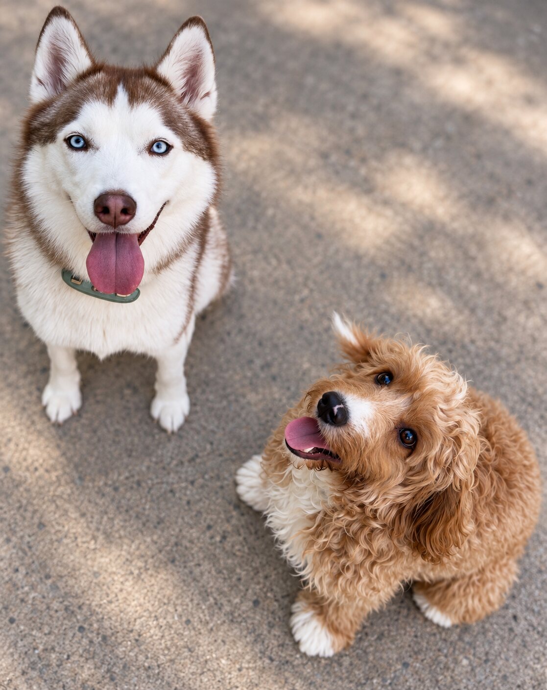 Cali and Benny looking up at the camera at the dog park