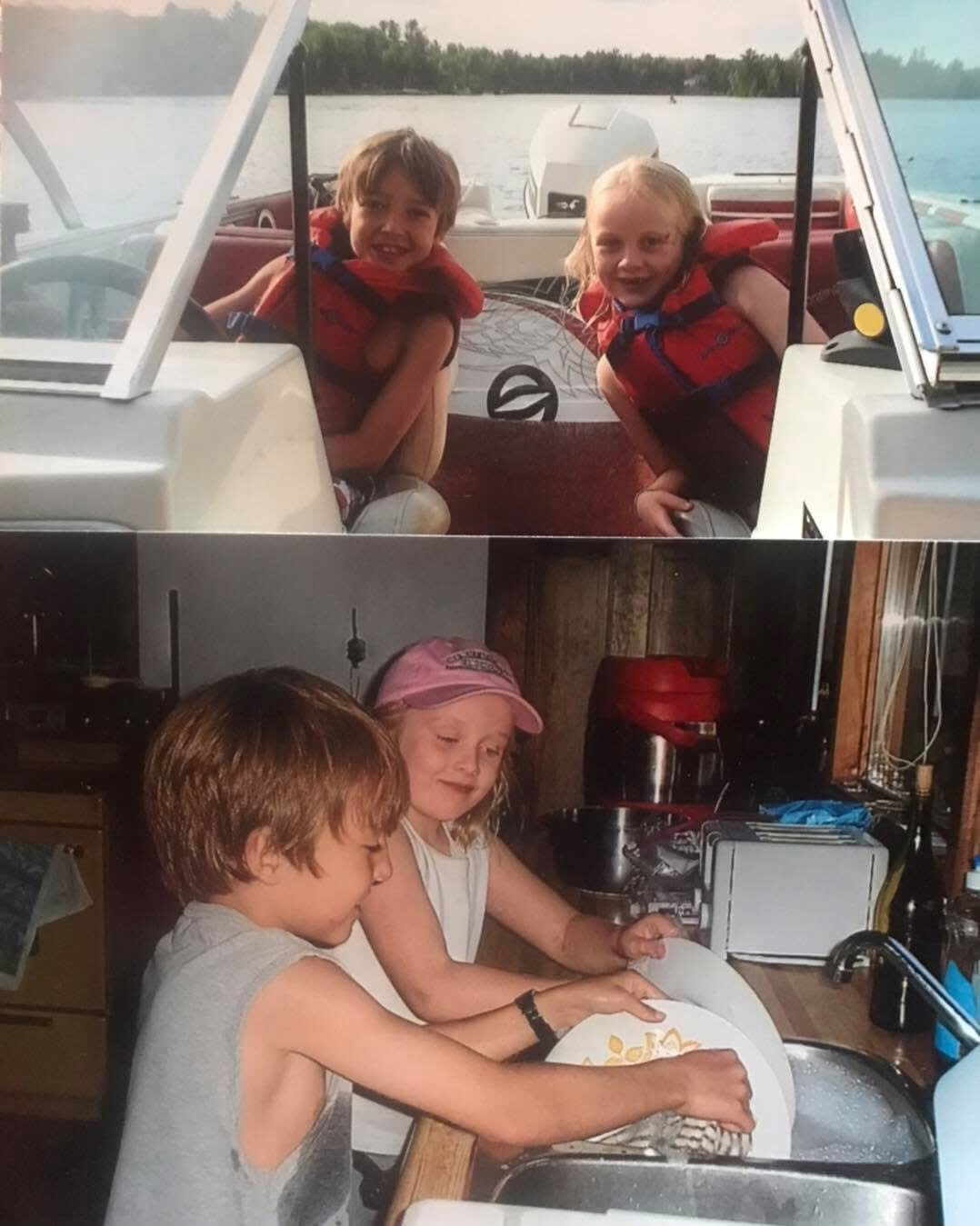 Childhood photographs of Charles boating and helping with dishes